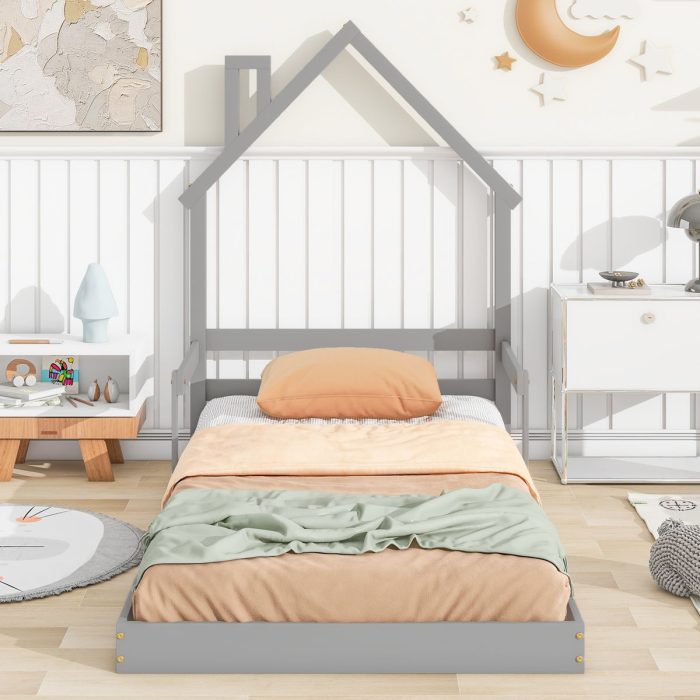 Twin House-Shaped Headboard Floor Bed With Handrails, Slats - Image 2