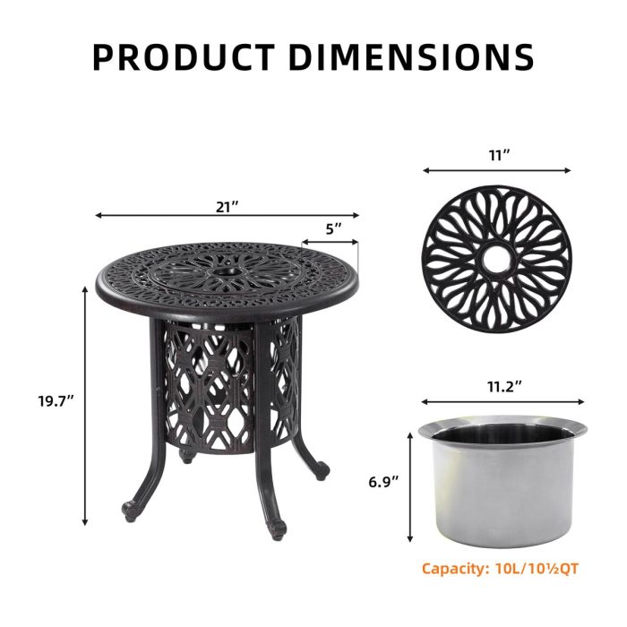 Side Table With Removable Ice Bucket, Hand Brushed Finish, Food Grade Bucket For Indoor & Outdoor Use - Antique Bronze - Image 4