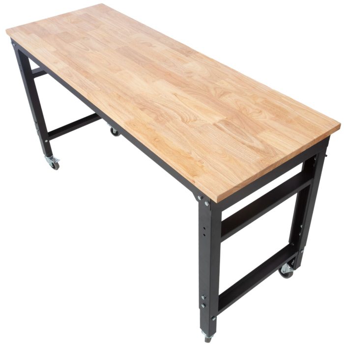 Wide Rolling Workbench For Garage, Adjustable Height, Workshop Tool Bench, Metal With Rubber Wood Top - Image 5