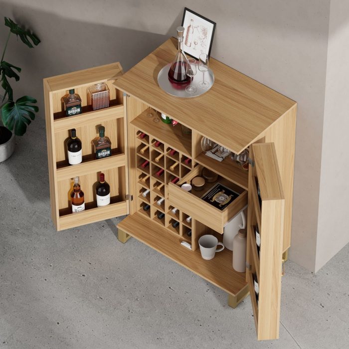 Modern Home Bar Cabinet Carved Wine Cabinet With Storage - Natural - Image 3