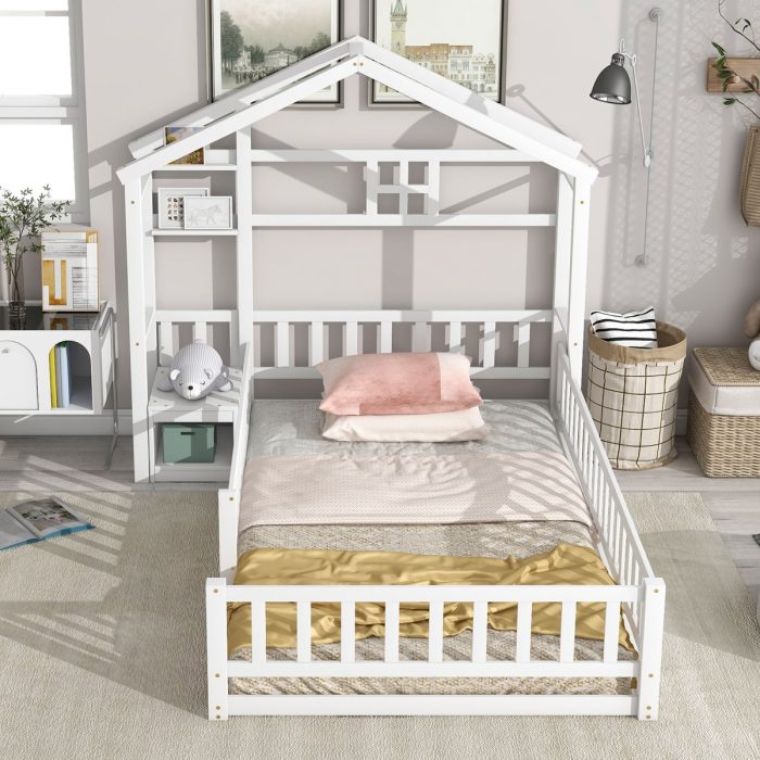 House-Style Headboard Floor Bed With Fence Guardrails Without Cushion - Image 4