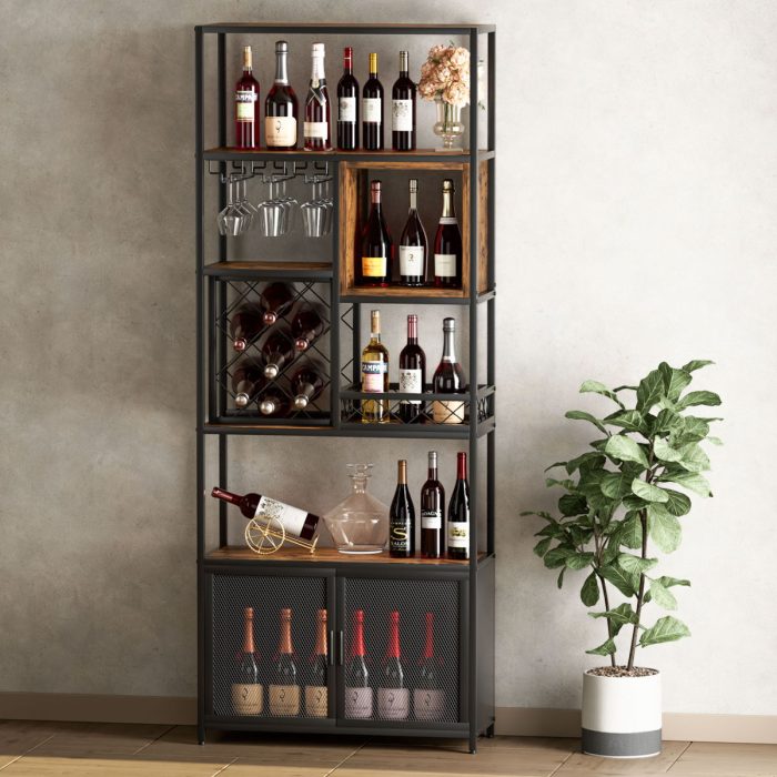 Industrial Tall Black Bar Wine Rack Cabinet With Glass Holder Wood Home Bar Cabinet - Walnut / Black - Image 3