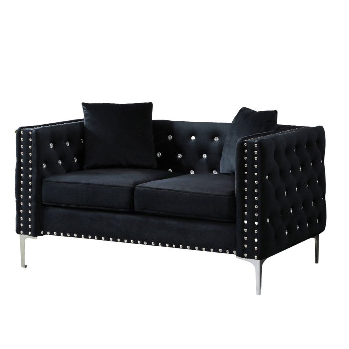 Wide Sofa With Jeweled Buttons Square Arm, 2 Pillows - Image 3