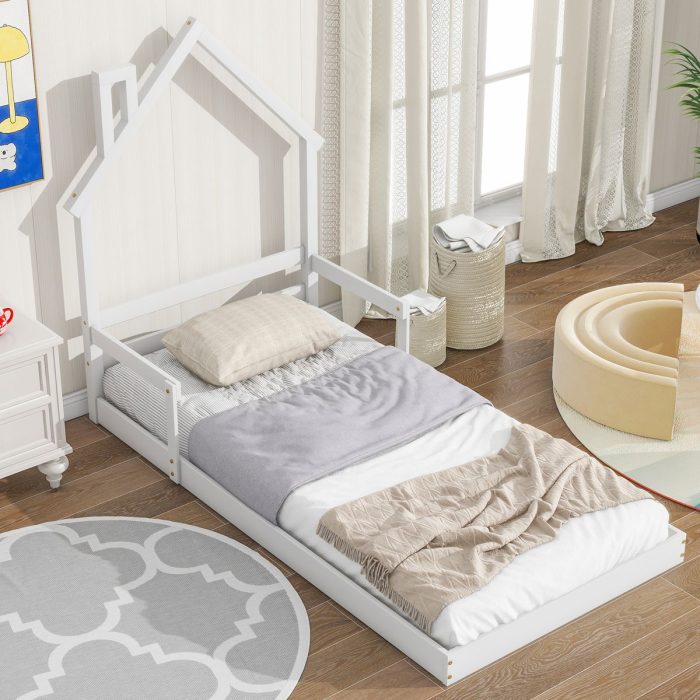 Twin House-Shaped Headboard Floor Bed With Handrails, Slats - Image 7