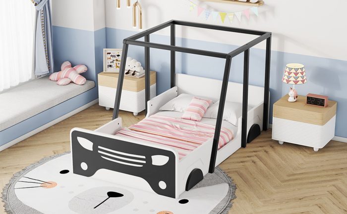 Twin Size Car-Shaped Bed With Roof, Wooden Twin Floor Bed With Wheels And Door Design, Montessori Inspired Bedroom - Image 4