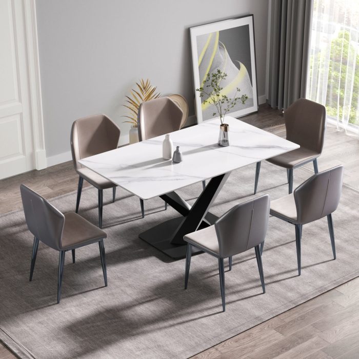 63" Modern Artificial Stone Straight Edge Metal X-Leg Dining Table, 6 People - White / Black - Image 4