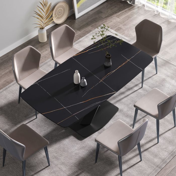 70.87" Modern Artificial Stone Black Curved Black Metal Leg Dining Table, Can Accommodate 6-8 People - Black - Image 3