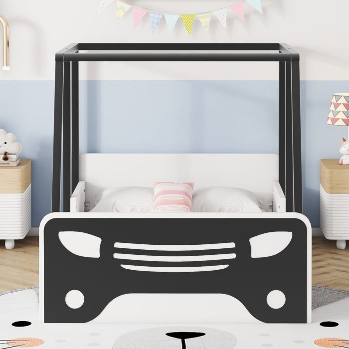 Twin Size Car-Shaped Bed With Roof, Wooden Twin Floor Bed With Wheels And Door Design, Montessori Inspired Bedroom - Image 2