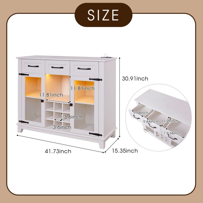 Modern Farmhouse Sideboard Buffet Coffee Bar Cabinet Storage Cabinet With LED Charging Station, Wine & Glass Rack, 3 Drawers, For Kitchen, Dining Room, Living Room - Antique White - Image 2