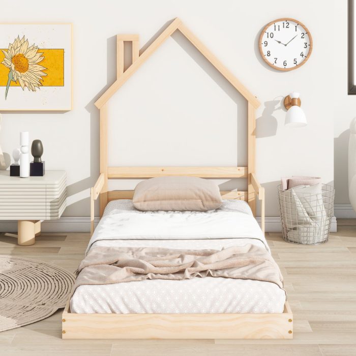Twin House-Shaped Headboard Floor Bed With Handrails, Slats - Image 8