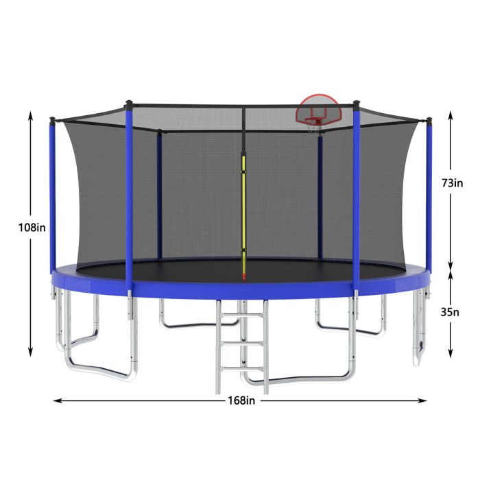 14Ft For Kids Children With Safety Enclosure Net Outdoor Backyards Large Recreational Trampoline - Blue - Image 2