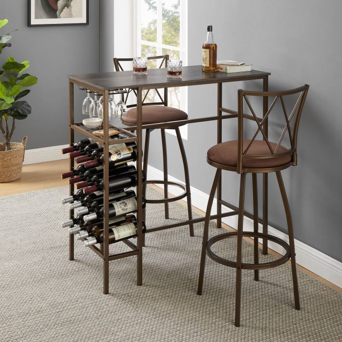 3 Piece Bar Steels Kitchen Dining Room Table Set Retro Bar Chair For Dining Room - Antique Brown - Image 2