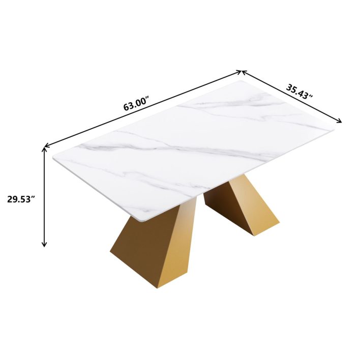63" Modern Artificial Stone Straight Edge Golden Metal Leg Dining Table - White / Gold - Image 3