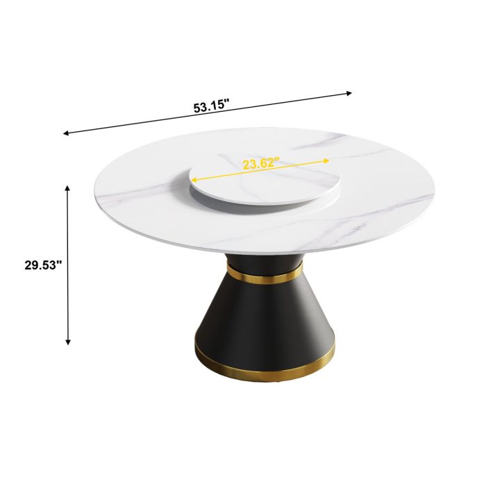 53" Modern Artificial Stone Round Carbon Steel Base Dining Table, Can Accommodate 6 People, Artificial Stone Turntable - White / Black - Image 2