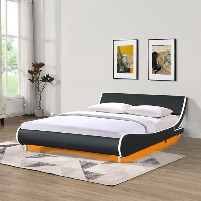 Queen Size Upholstered Platform Bed Frame, LED Lighting With Remote Controller And App, Curve Design, Wood Slat Support, No Box Spring Needed - Black / White - Image 2