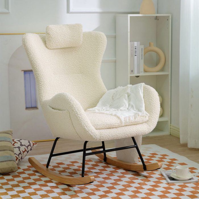 Rocking Chair Nursery, Teddy Upholstered Rocker Glider Chair With High Backrest, Adjustable Headrest & Pocket, Comfy Glider Chair For Nursery, Bedroom, Living Room, Offices, Rubber Wood - Image 3