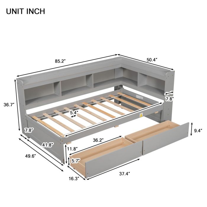 Twin Bed With L-Shaped Bookcases, Drawers - Image 3