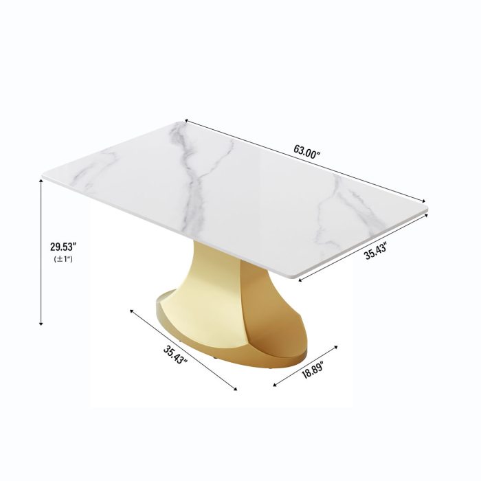 63" Modern Artificial Stone Panel Golden Stainless Steel Curved Legs, Can Accommodate 6-8 People - White / Gold - Image 2