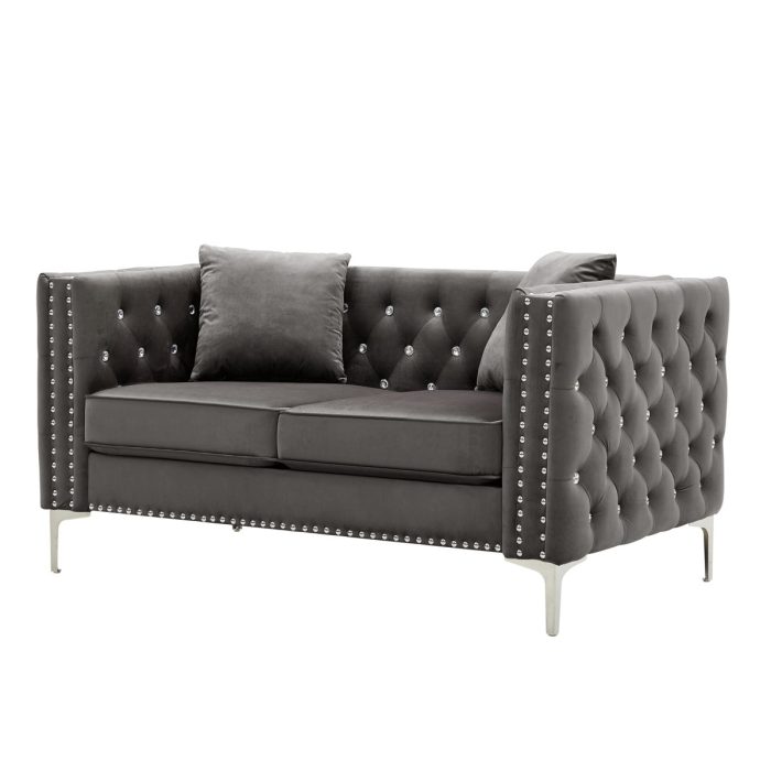 Wide Sofa With Jeweled Buttons Square Arm, 2 Pillows - Image 9