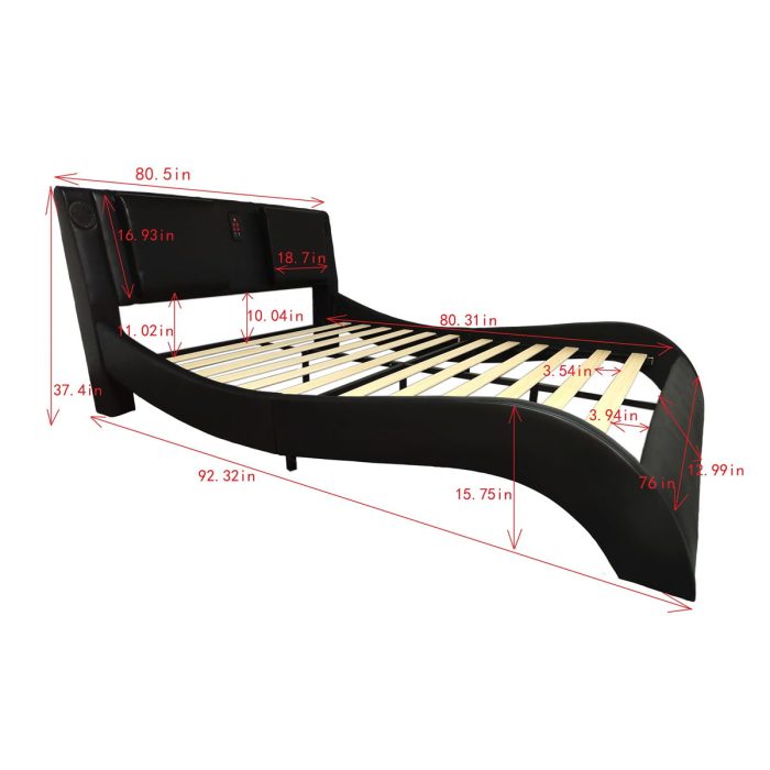 Upholstered Platform Bed Frame With LED Lighting, Bluetooth Connection To Play Music Control, Backrest Vibration Massage, Curve Design, Wood Slat Support, Exhibited Speakers - Image 4