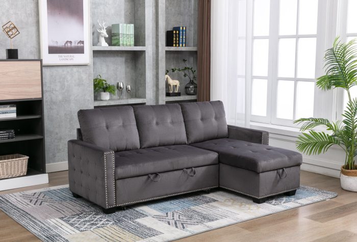 Reversible Sectional Storage Sleeper Sofa Bed, L-Shape 2 Seat Sectional Chaise With Storage, Skin-Feeling Velvet Fabric - Image 7