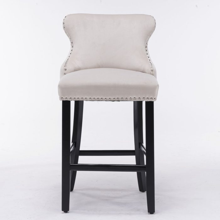 Contemporary Velvet Upholstered Wing-Back Barstools With Button Tufted Decoration And Wooden Legs, And Chrome Nailhead Trim, Leisure Style Bar Chairs, Bar Stools (Set of 2) - Image 7