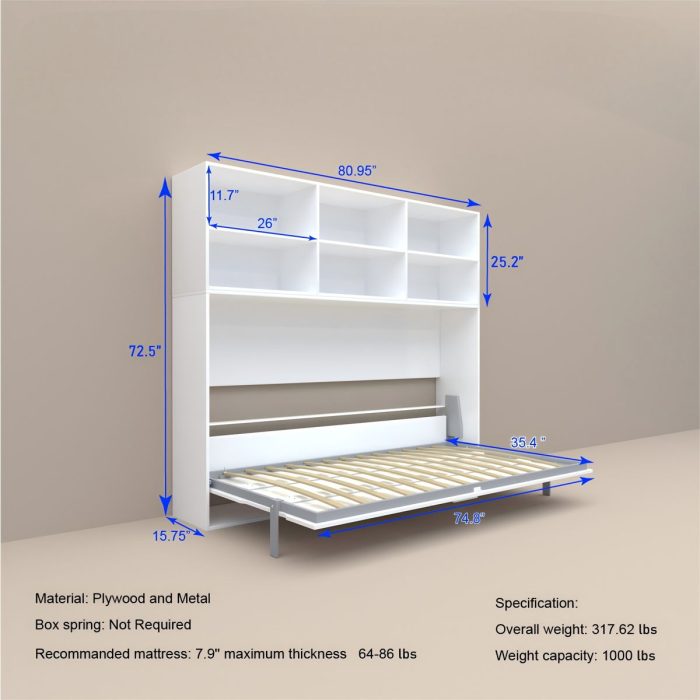 Mordern Design Twin Size Horizontal Murphy Bed With Shelf Storage For Bedroom Or Guestroom Wall Bed Space Saving Hidden Bed With New Style Gas Struts - White - Image 4
