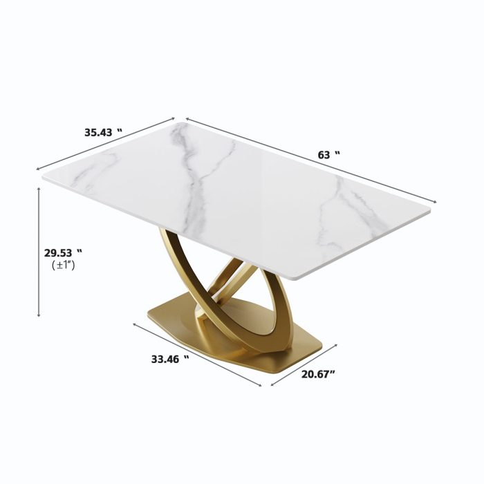 63" Modern Artificial Stone Panel Double-Ring Stainless Steel Metal Legs, Can Accommodate 6-8 People - White / Gold - Image 2