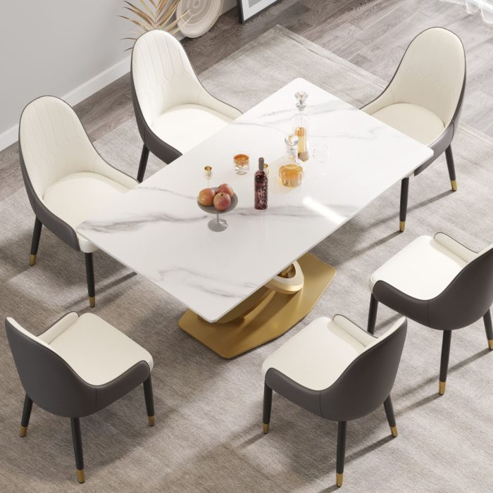 63" Modern Artificial Stone Panel Double-Ring Stainless Steel Metal Legs, Can Accommodate 6-8 People - White / Gold - Image 3