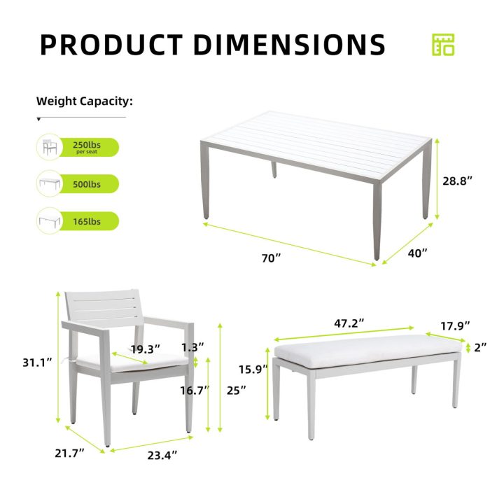 6 Piece Dining Set Modern Outdoor Patio Furniture, 4 Dining Chairs & 1 Dining Bench Sunbrella Fabric And 2 Tone Rectangle Table With Umbrella Hole - Matte White / Grayish - Image 3