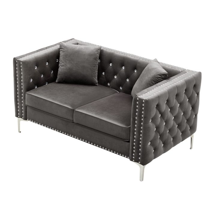 Wide Sofa With Jeweled Buttons Square Arm, 2 Pillows - Image 4