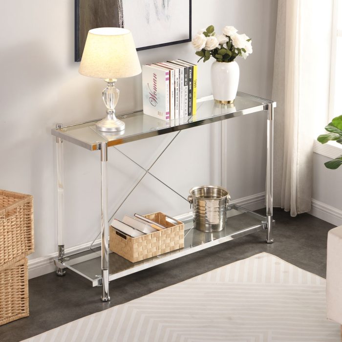 Chrome Glass Sofa Table, Acrylic Side Table, Console Table For Living Room & Bedroom - Chrome - Image 2