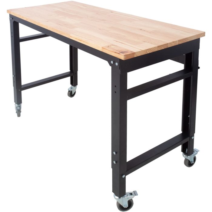 Wide Rolling Workbench For Garage, Adjustable Height, Workshop Tool Bench, Metal With Rubber Wood Top - Image 6