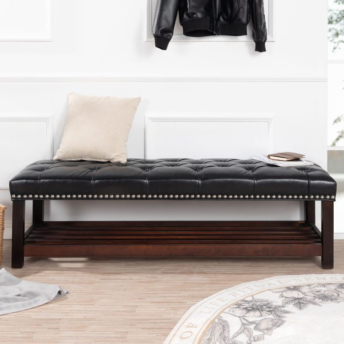 Bedroom End Of Bed Bench Tufted Upholstered End Of Bed Bench End Of Bed Entrance Shoe Bench With Nailhead Trim And Shelf Bedroom Upholstered Leather Bench Living Room Shoe Rack Footstool - Image 7