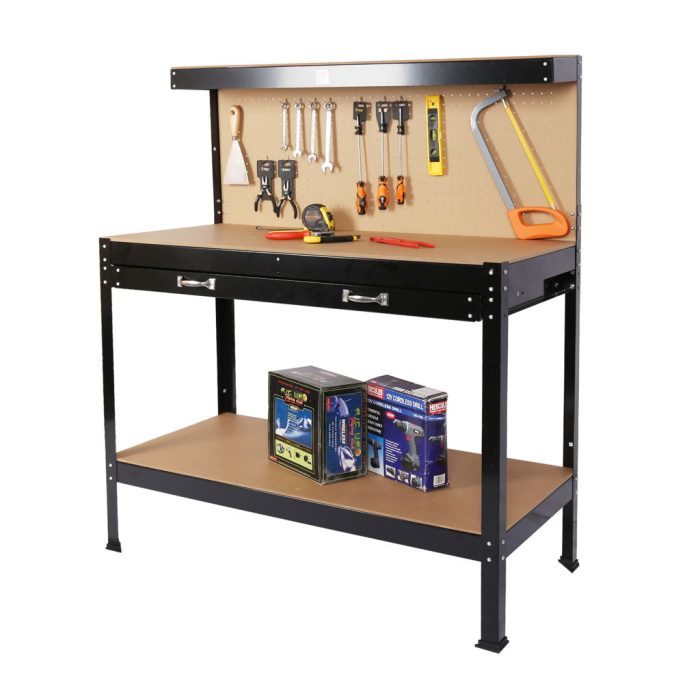 Steel Workbench Tool Storage Work Bench Workshop Tools Table With Drawer And Peg Board - Black / Light Brown - Image 2