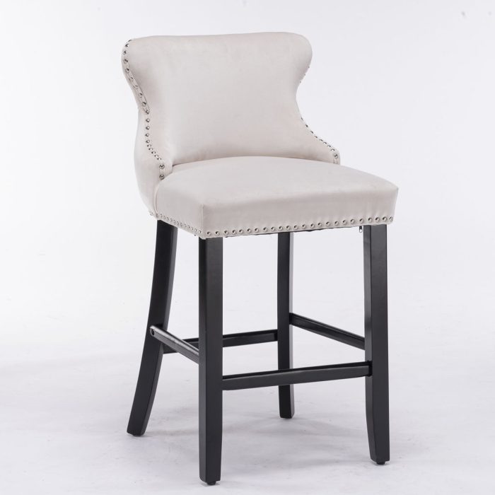 Contemporary Velvet Upholstered Wing-Back Barstools With Button Tufted Decoration And Wooden Legs, And Chrome Nailhead Trim, Leisure Style Bar Chairs, Bar Stools (Set of 2) - Image 4