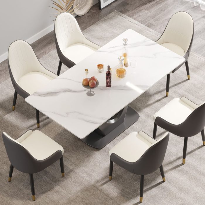 70.84" Modern Artificial Stone Panel V-Shaped Metal Legs, Can Accommodate 6-8 People - White / Gray - Image 2