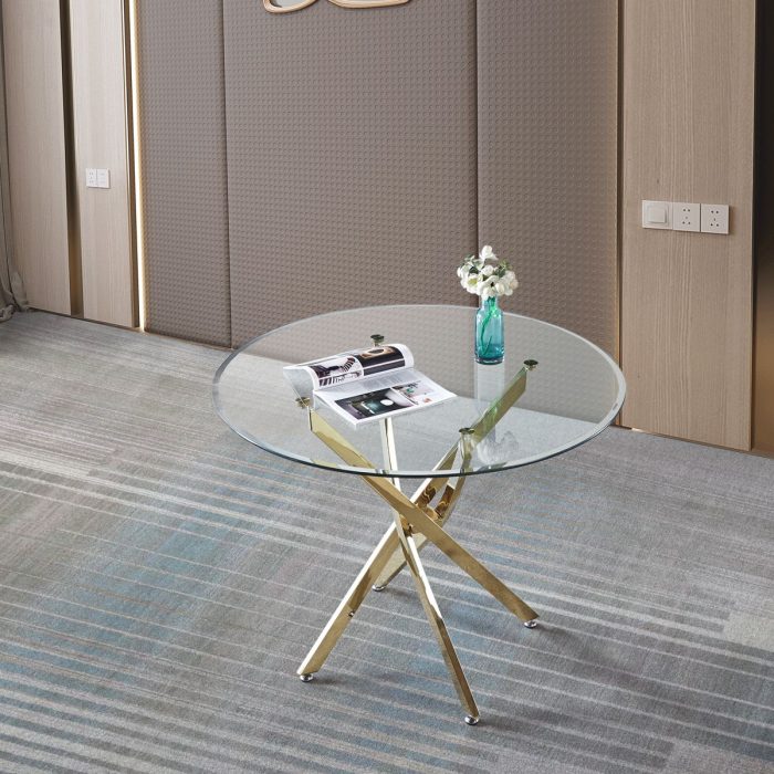 Contemporary Round Clear Dining Tempered Glass Table With Gold Finish Stainless Steel Legs - Gold - Image 3