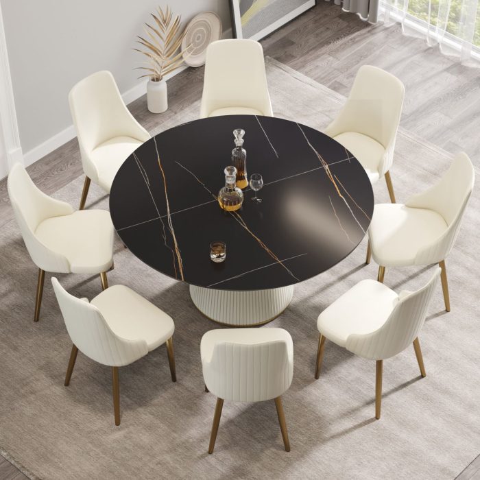 Modern Artificial Stone Round Plywood Base Dining Table, Can Accommodate 8 People, (Not Including Chairs) - Black / Beige - Image 2