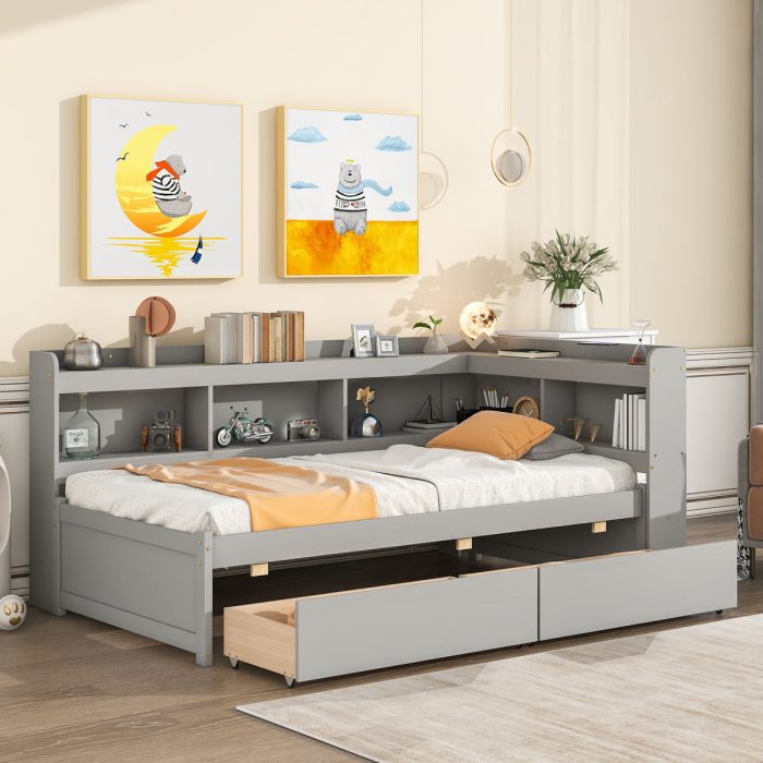 Twin Bed With L-Shaped Bookcases, Drawers - Image 2