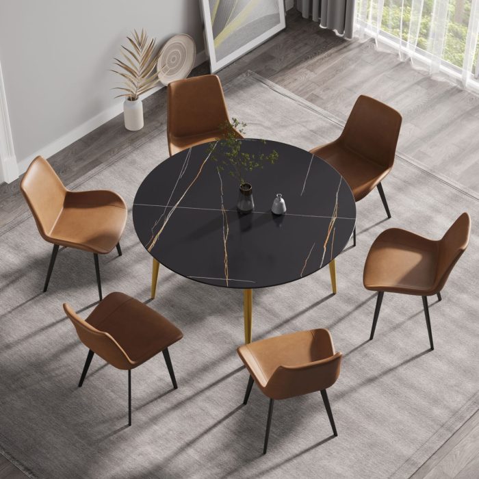 Modern Artificial Stone Round Dining Table With Golden Metal Legs, Can Accommodate 6 People - Black - Image 2