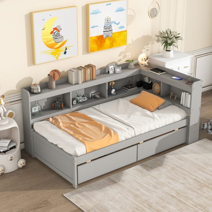 Twin Bed With L-Shaped Bookcases, Drawers - Image 5