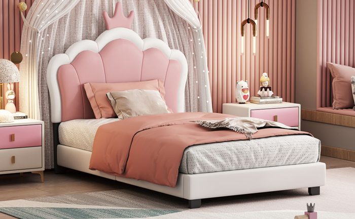 Twin Size Upholstered Princess Bed & Crown Headboard, Platform Bed With Headboard And Footboard - White / Pink - Image 2