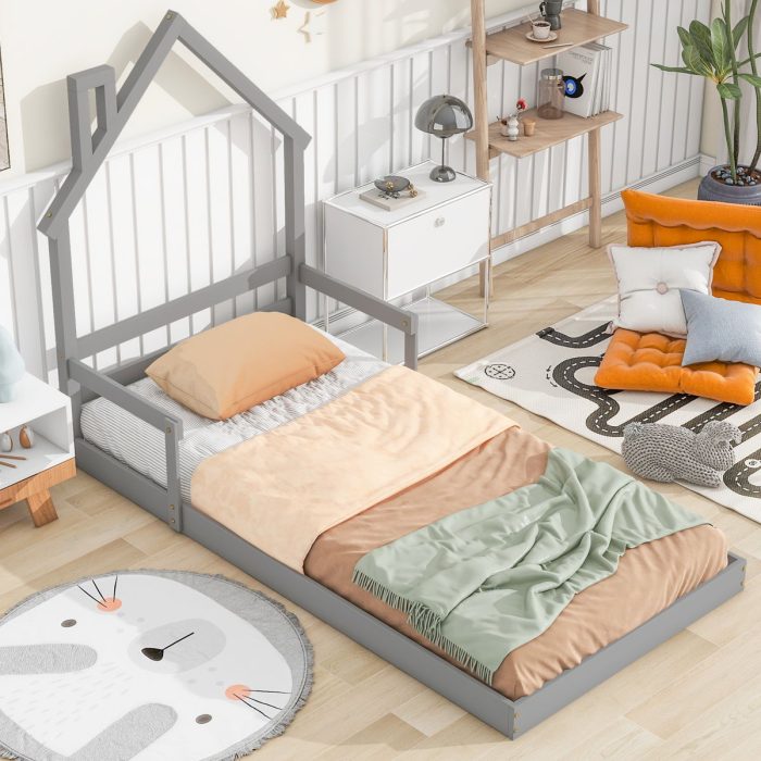 Twin House-Shaped Headboard Floor Bed With Handrails, Slats - Image 5
