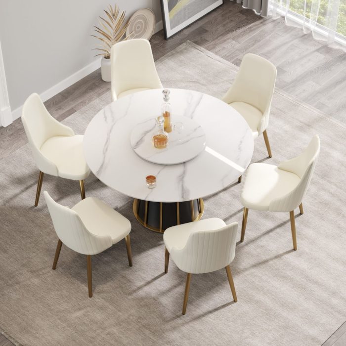 53.15" Modern Artificial Stone Round Panel Metal Iron Base Dining Table, Can Accommodate 6 People-23.62" Artificial Stone Turntable (Not Including Chairs) - White / Black - Image 3