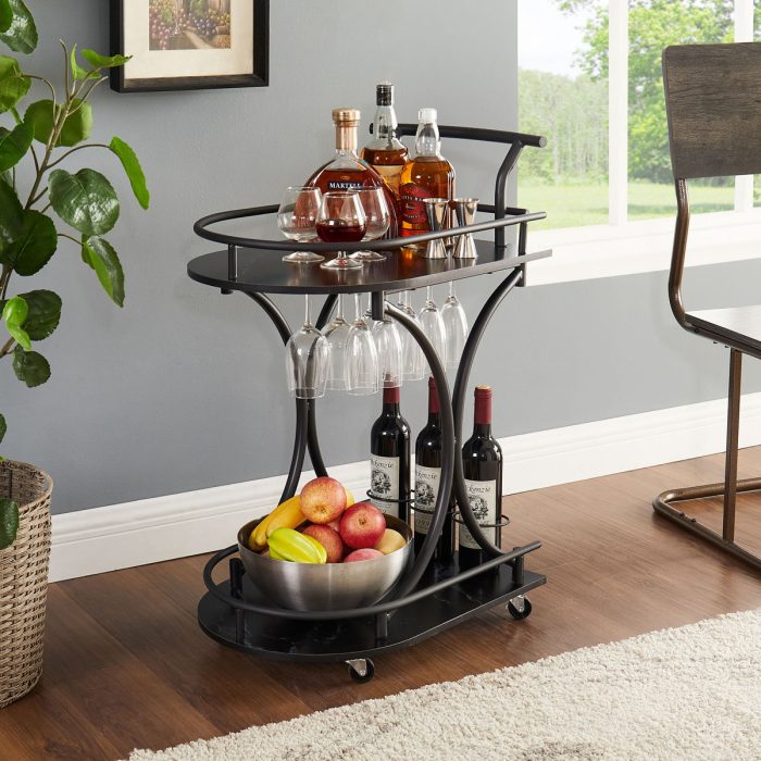 2 Tier Bar Cart, Slide Bar Serving Cart, Retro Style Wine Cart For Kitchen, Beverage Cart With Wine Rack And Glass Holder, Rolling Drink Trolley For Living Room, Dining Room - Black - Image 3
