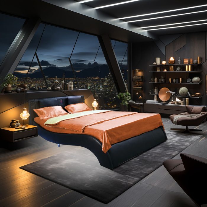 Queen Size Upholstered Platform Bed Frame With LED Lighting, Bluetooth Connection To Play Music Control, Backrest Vibration Massage, Curve Design, Wood Slat Support, Exhibited Speakers - Black - Image 3
