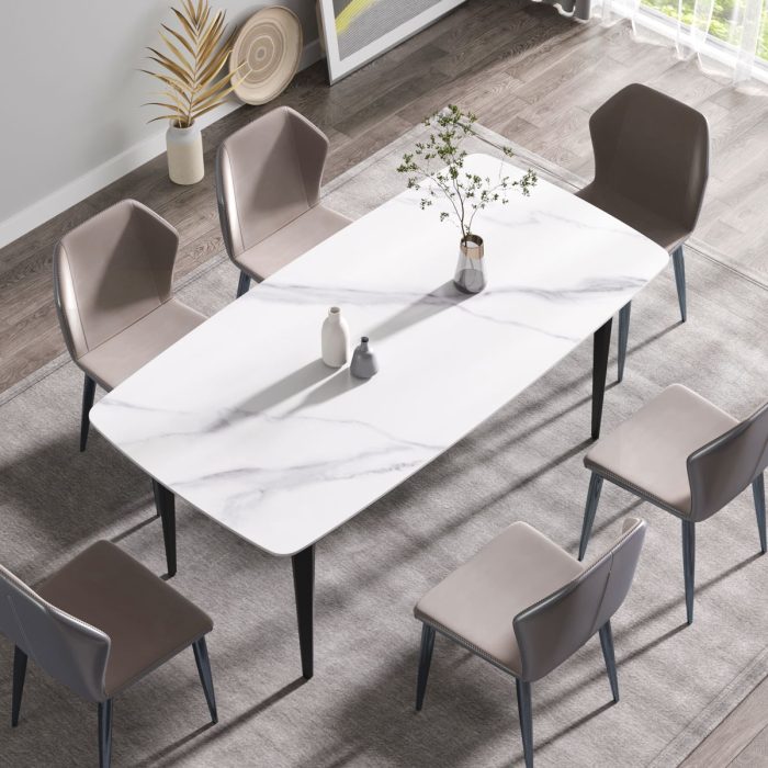 70.87" Modern Artificial Stone Curved Black Metal Leg Dining Table, Can Accommodate 6-8 People - White / Black - Image 3