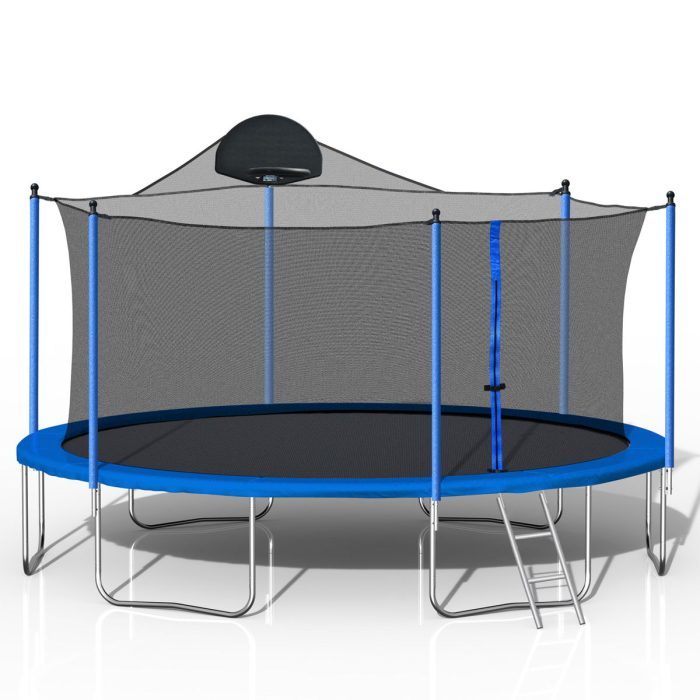 14Ft Trampoline For Adults & Kids With Basketball Hoop, Outdoor Trampolines With Ladder And Safety Enclosure Net For Kids And Adults, Double-Side Color Cover - Blue - Image 4