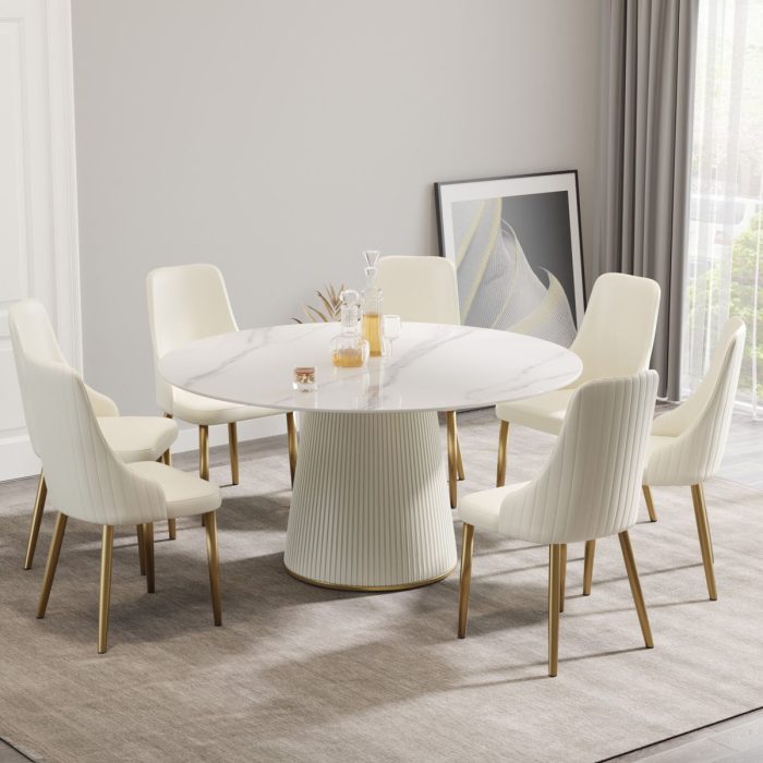 Modern Artificial Stone Round Plywood Base Dining Table, Can Accommodate 8 People, (Not Including Chairs) - White / Beige - Image 3